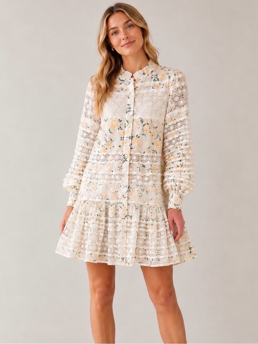 En Saison Floral Lace Mini Dress Ivory Yellow Spring Wedding Guest Size Medium